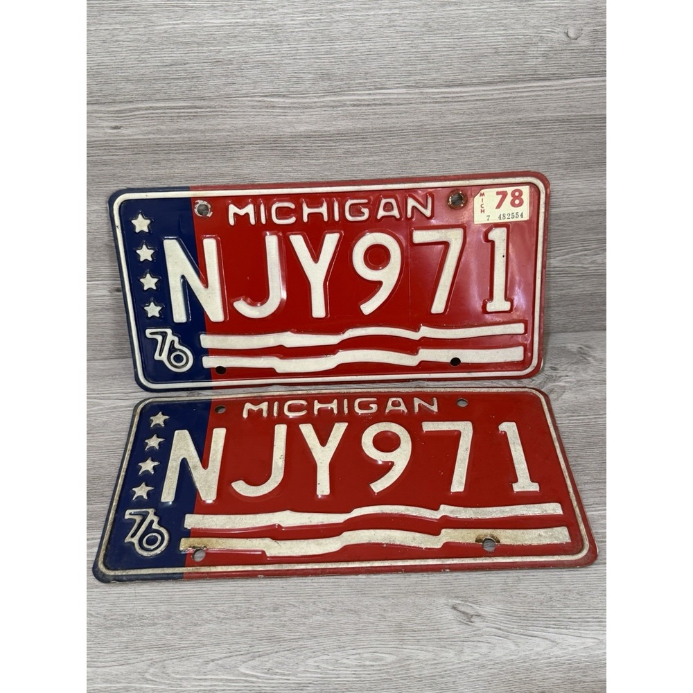 1976 Michigan Bicentennial License Plate Matching Pair 1978 Sticker NJY971